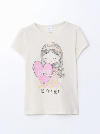 LCW ECO                                                                                        Off-White Printed Girl's T-Shirt with Round Neck