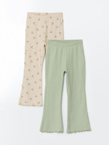 LCW Kids Green Elastic Waist Floral Girls' Leggings Set of 2