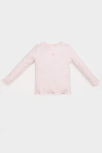 Girl's Long Sleeve Ribbed T-Shirt with Heart Pattern and Bike Neck