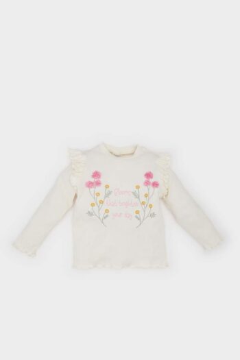 Girl's Floral Ribbed Knit Long Sleeve T-Shirt with Bike Neck