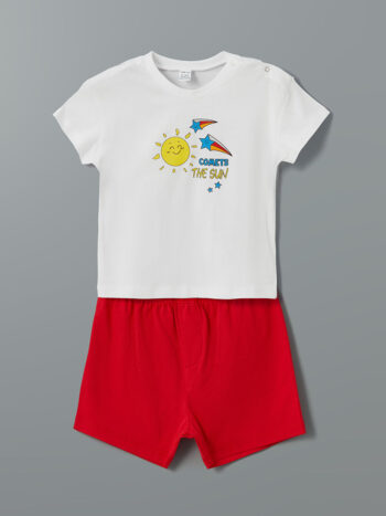 LCW ECO  White Cycling Neck Printed Boys' Baby T-Shirt and Shorts Set of 2