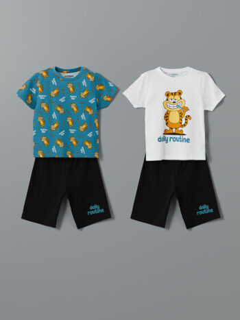 LCW Kids White Crew Neck Printed Baby Boy T-Shirt and Shorts Set (2 Pieces)