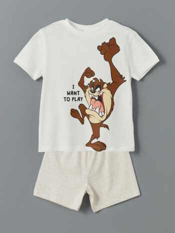 LCW Baby                                                                                          Ecru Tasmanian Devil Printed Boys' T-Shirt and Shorts Set 2 Pieces
