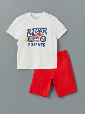 LCW Kids                                                                                        Off-White Printed Boys' T-Shirt and Shorts Set (2 pieces)