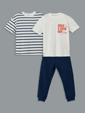 LCW Kids                                                                                         Ecru Striped Boys' T-Shirt 2-Pack and Sweatpants