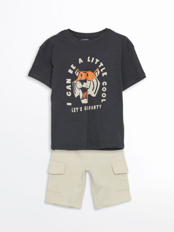 LCW Kids Antrasite Crew Neck Printed Boys' T-Shirt and Shorts Set (2 Pieces)