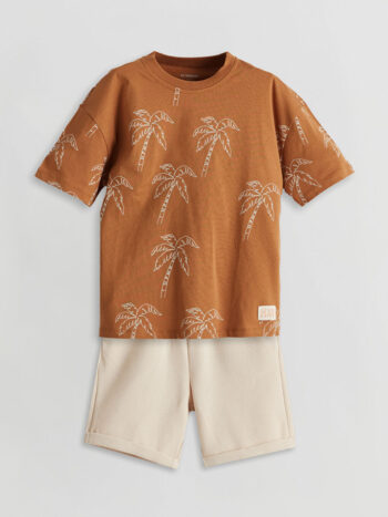 LCW Kids Brown Printed Cotton Boys T-Shirt and Shorts Set (2 Pieces)