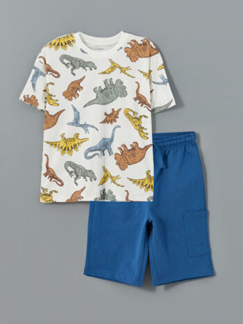 LCW Kids  Off-White Dinosaur Print Crew Neck T-Shirt and Shorts Set for Boys
