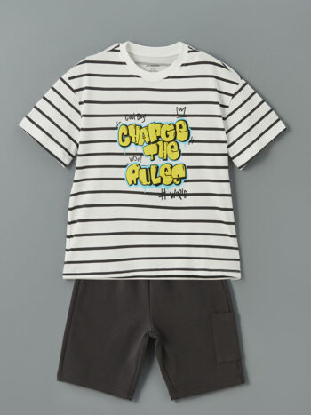 LCW Kids                                                                                      Ecru Printed Crew Neck T-Shirt and Shorts Set for Boys 2-Piece