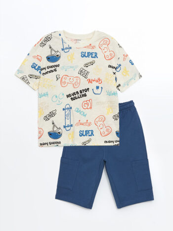 Beige Crew Neck Printed Baby Boy T-Shirt and Shorts 2-piece