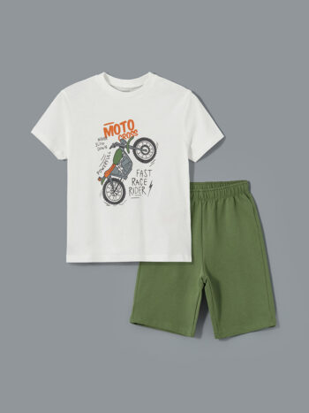 LCW Kids Ekru Printed Crew Neck T-Shirt and Shorts Set for Boys