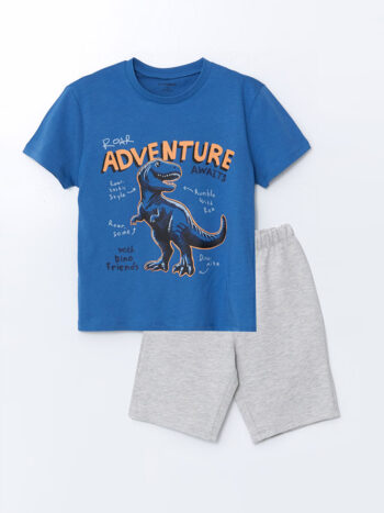 LCW Kids Mavi Bisiklet Yaka Dinozor Baskılı Erkek Çocuk Tişört ve Şort 2'li  LCW Kids Blue Crew Neck Dinosaur Print Boys' T-Shirt and Shorts Set (2 pieces)