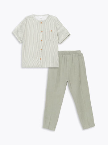 LCW Kids    Ivory Mandarin Collar Striped Boys' Shirt and Pants Set