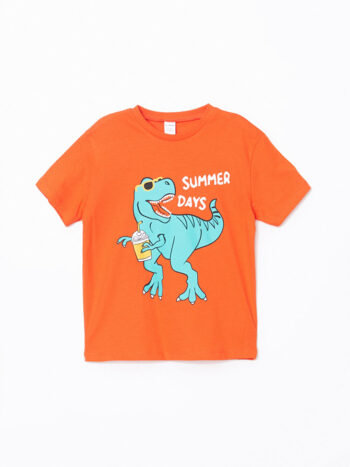 LCW Kids Orange Crew Neck Dinosaur Print T-Shirt for Boys