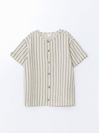 LCW ECO Beige Button-Down Collar Striped Short Sleeve Shirt for Boys