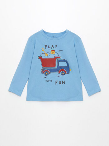 LCW Baby Blue Round Neck Long Sleeve Printed T-Shirt for Boys