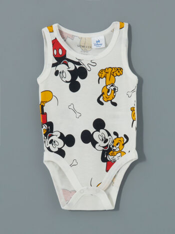 LCW ECO                                            Off-White Crew Neck Mickey Mouse Printed Baby Boy Snap Bodysuit
