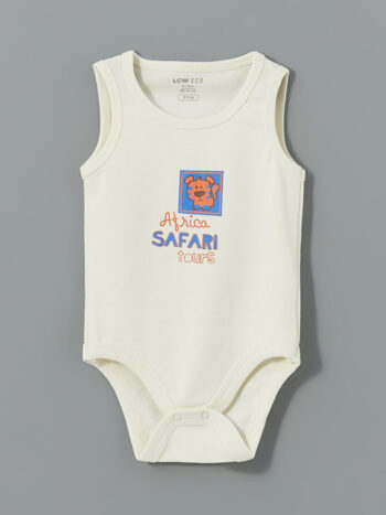 LCW Kids                                                                                        Ecru Crew Neck Printed Baby Boy Snap Button Bodysuit