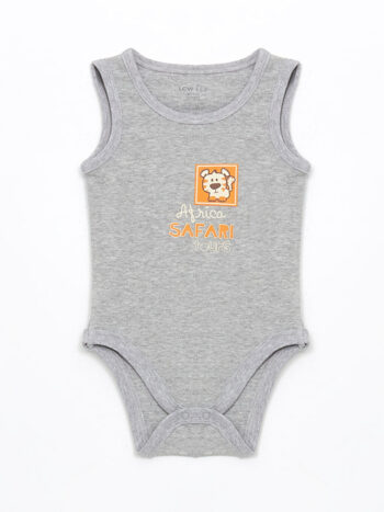 LCW Kids Gri Bisiklet Yaka Baskılı Erkek Bebek Çıtçıtlı Body translates to "LCW Kids Gray Crew Neck Printed Baby Boy Snap Bodysuit."