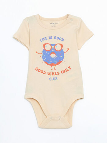 LCW ECO Pink Bicycle Neck Printed Baby Boy Snap Bodysuit