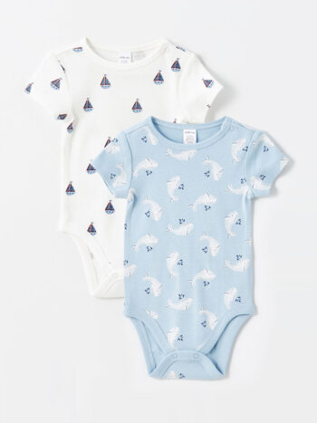 LCW Baby  Off-White Printed Long-Sleeve Crew Neck Snapsuit for Baby Boys - Set of 2