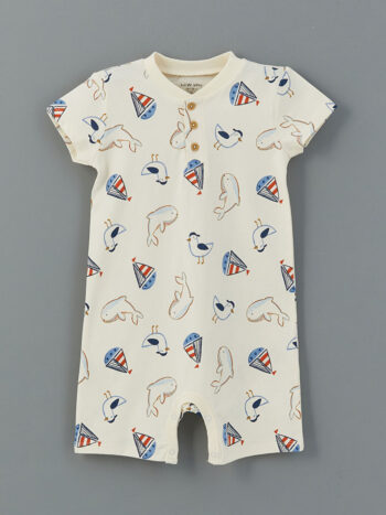 LCW Baby Bej Crew Neck Printed Baby Boy Romper