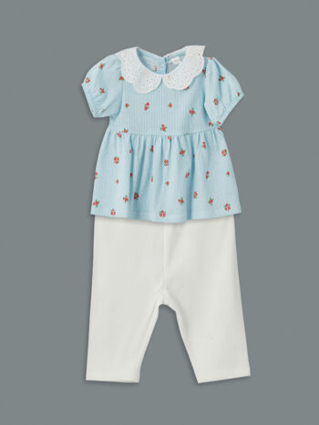 LCW Kids                                                                                        Ivory Floral Ruffled Girl's Blouse and Leggings Set 2-Piece