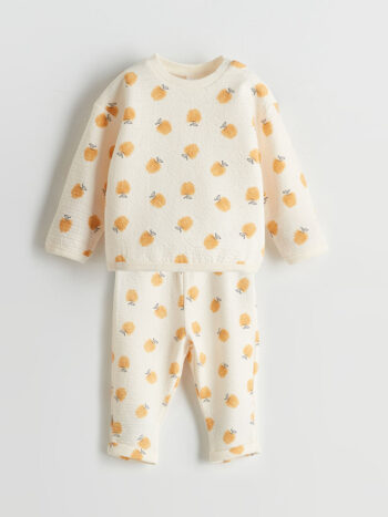 LCW Kids Bej Crew Neck Printed Girls' Sweatshirt and Sweatpants Set