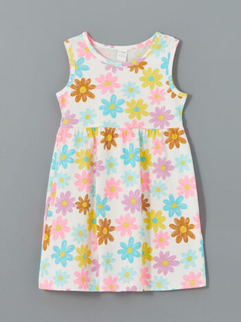 LCW Baby                                                                                         Ecru Floral Print Round Neck Dress for Girls