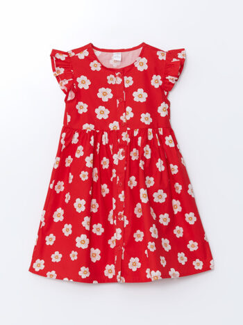 LCW Kids Red Bicycle Collar Floral Girls Poplin Dress