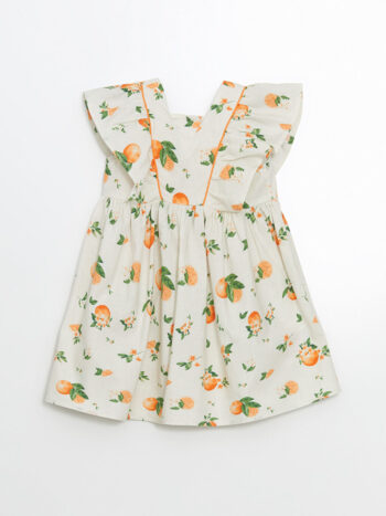 LCW Kids                                                 Ecru Square Collar Orange Printed Dress for Girls