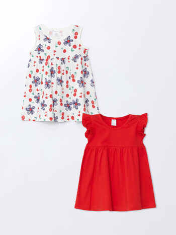 LCW Baby Red Floral Print Bicycle Neck Daily Dress for Girls - Set of 2