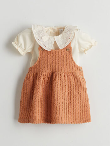 LCW Baby Brown Embroidered Girl Baby Blouse and Dress Set of 2
