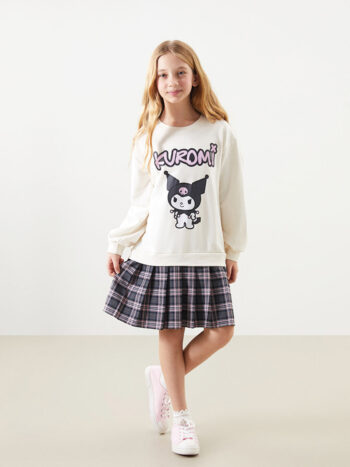 LCW Kids Ekru Crew Neck Kuromi Printed Girl's Dress
