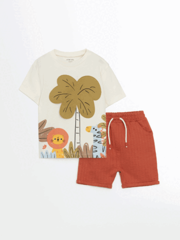 LCW Baby Beige Printed Boy's T-Shirt and Shorts Set of 2