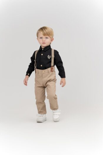 Terry Boy's Oxford Black Shirt with Bow Tie and Beige Pants Set