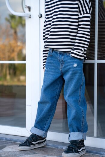 Navy Blue Jeans - Dark Blue Striped Sweatshirt