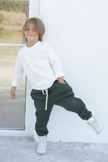 Child Tracksuit Set - Olive Green 3 Thread Brushed Side Pocket Tracksuit - Cream Jersey Sweatshirt