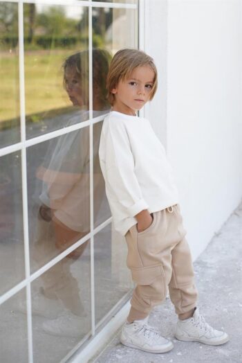 Children's Tracksuit Set - Beige 3-Piece Brushed Side Pocket Sweatpants - Cream Fabric Sweatshirt