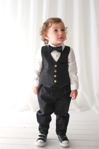 Black Linen Vest + Black Pants + Shirt + Bow Tie