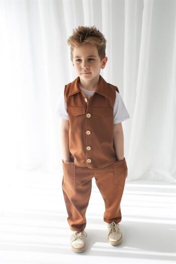 Brown Gabardine Sports Vest + Brown Gabardine Boyfriend Pants