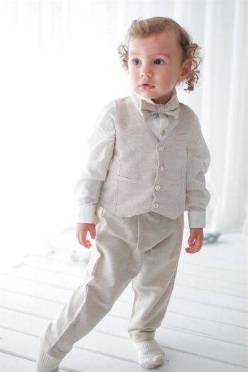 Cream Linen Vest + Pants + Shirt + Bow Tie