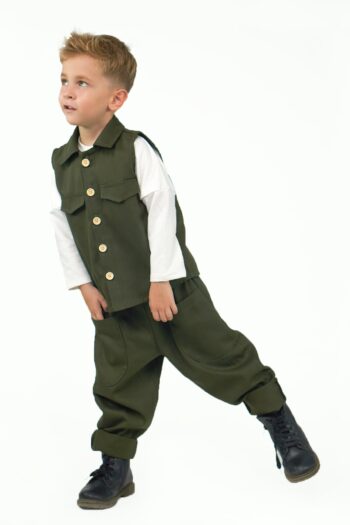 2-Piece Set Olive Gabardine Sports Vest + Olive Gabardine Boyfriend Trousers