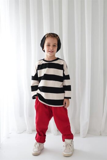 Red Gabardine Carrot Pants + 2-Ply Black and White Striped Sweatshirt