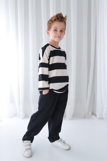 Black Gabardin Carrot Trousers + 2-Ply Black and White Striped Sweatshirt