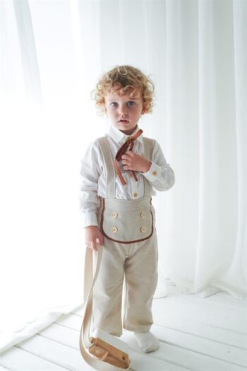 Cream Linen Buttoned Overall Pants & White Shirt