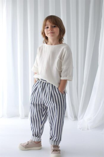 Navy Striped Linen Carrot Pants and Cream Şile Fabric Shirt