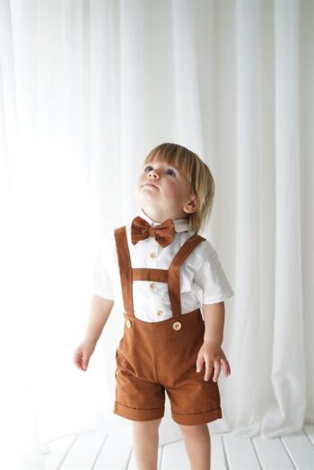 Coffee Linen Shorts Overalls + Short Sleeve Shirt + Bow Tie
