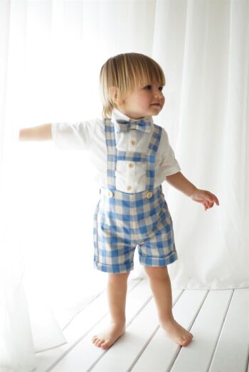 Blue Cream Checkered Short Overalls + Short Sleeved Shirt + Bow Tie