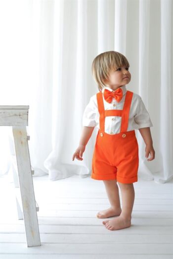 Orange Linen Shorts Jumpsuit + Short Sleeve Shirt + Bow Tie